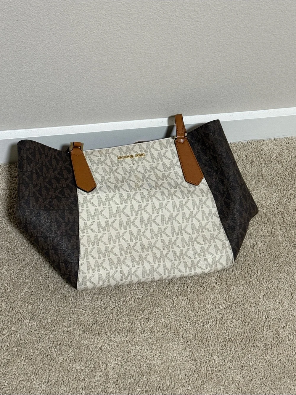 Michael Kors Cream, Brown & Tan Signature Tote with Matching Tan Wallet